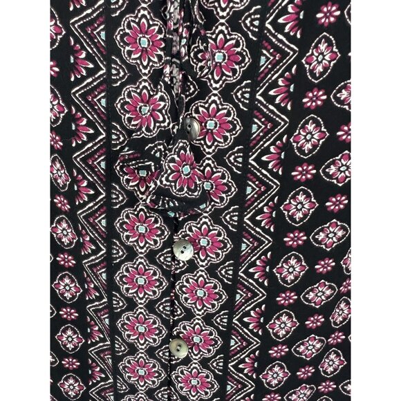 J Jill Women Top M Black Pink White  Button Down Shirt Raglan Short Sleeve Rayon - Picture 4 of 7